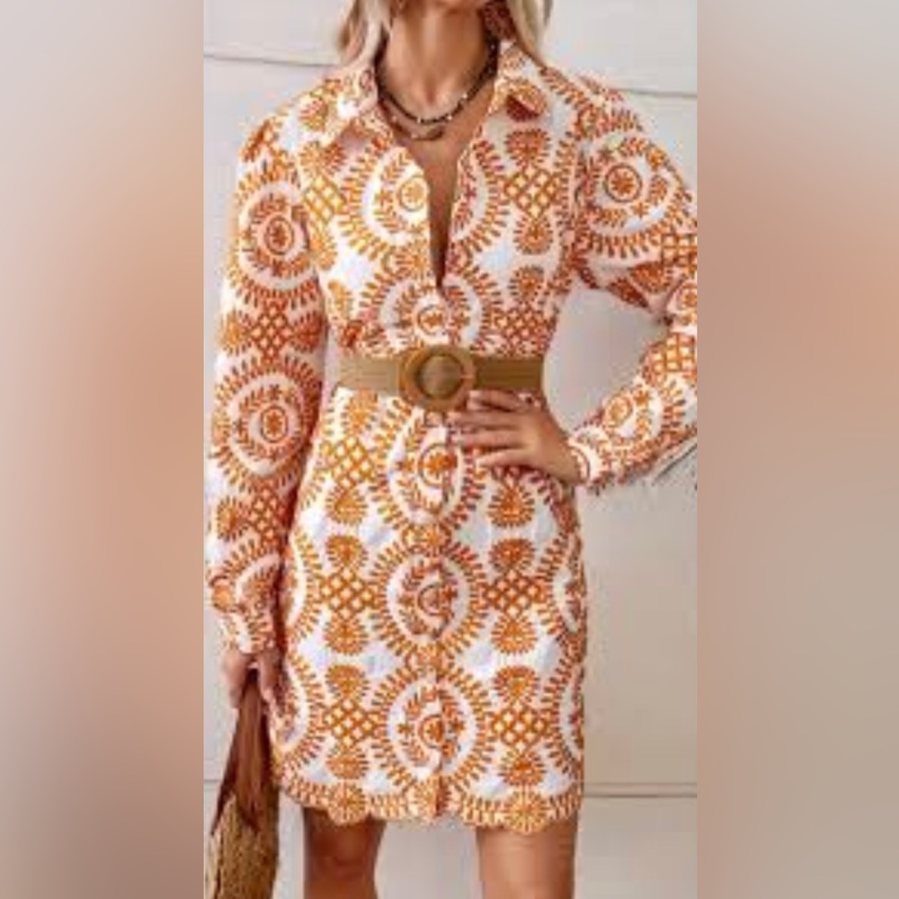 Embroidery Long Sleeve Shirt Dress for Women orange and white